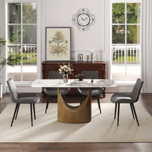 English Elm 63" Modern Artificial Stone Dining Table With Curved Design, Bronze Legs & Integrated Lazy Susan W1535S00551