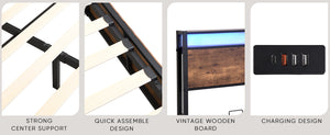 English Elm Lift-Up Storage Bed Frame: Full-Sized Platform Bed With Led Lights, Charging Station & Rustic Brown Finish W1916P184709