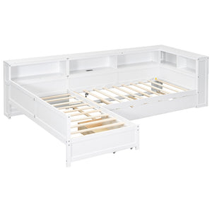 English Elm Wood Twin L-shaped Platform Bed Trundle Shelves Charging Station Kids Room White N7090001045K-1