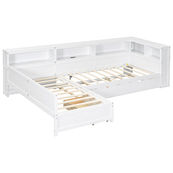 English Elm Wood Twin L-shaped Platform Bed Trundle Shelves Charging Station Kids Room White N7090001045K-1