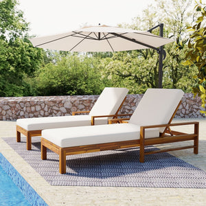 English Elm U_style Acacia Wood Outdoor Chaise Lounge Set of 2 Slatted Poolside Recliners WY000484AAA