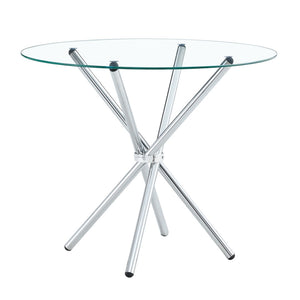 English Elm A Round Tempered Glass Dining Table with Sculptural Black Metal Legs for Modern Spaces W1151P411357