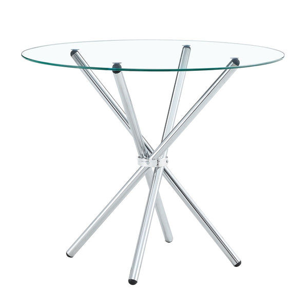 English Elm A Round Tempered Glass Dining Table with Sculptural Black Metal Legs for Modern Spaces W1151P411357