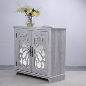 English Elm Elegant Mirrored Sideboard with Butterfly Carved Doors Wood Grain Finish Dining Storage Light Gray W2899P372740