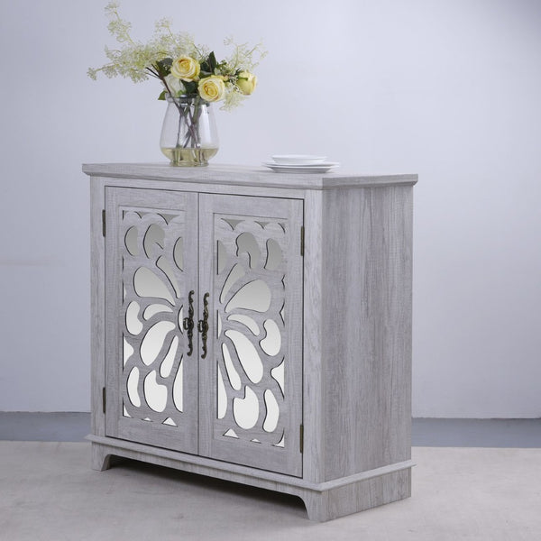 English Elm Elegant Mirrored Sideboard with Butterfly Carved Doors Wood Grain Finish Dining Storage Light Gray W2899P372740