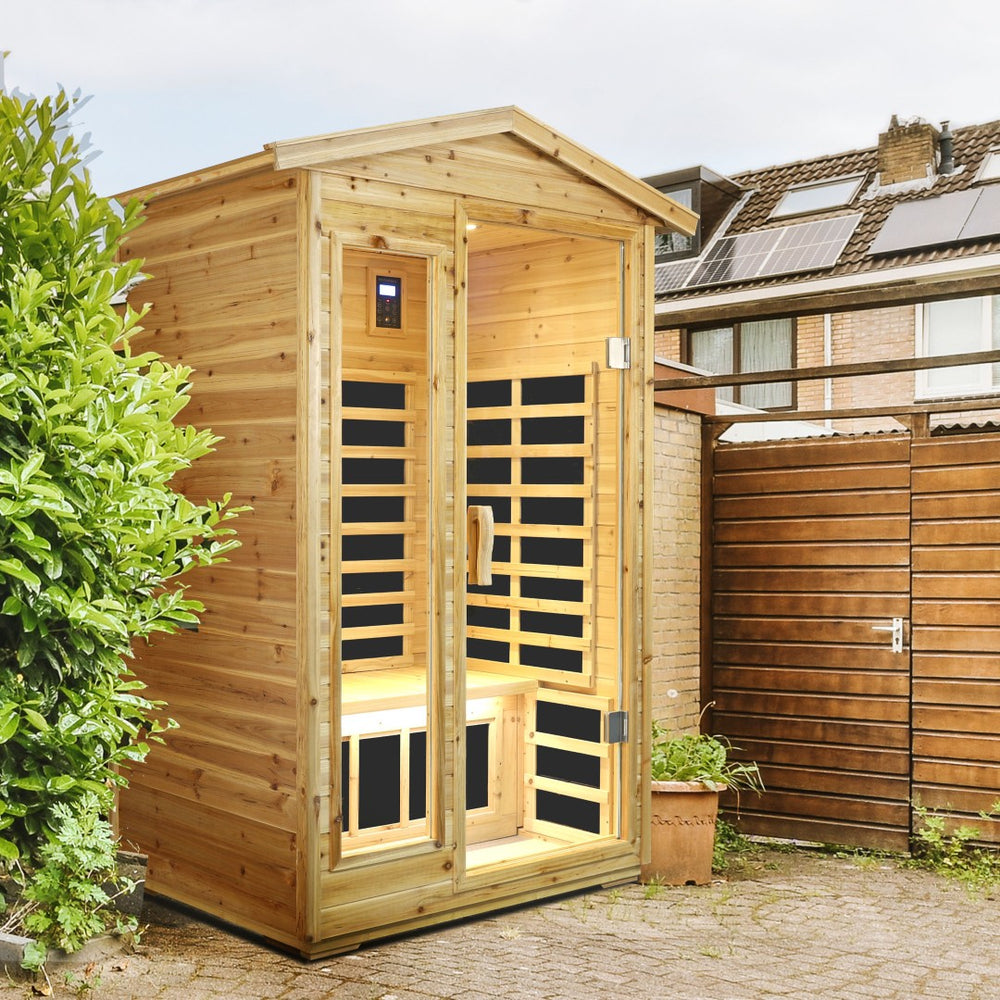 English Elm Two Person Far Infrared Outdoor Sauna Fir Wood Cabin with Bluetooth and Lcd Control W632S00031