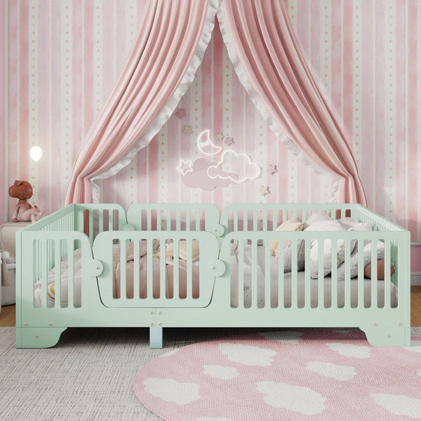 English Elm Full Size Montessori Floor Bed with Safety Fence Mdf Frame for Kids Bedroom W2593P381119