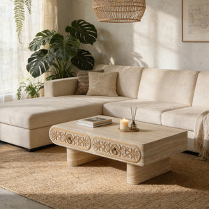 English Elm Rounded Edge Coffee Table Solid Wood Engraved Drawer Modern Living Room Storage W3040P428686