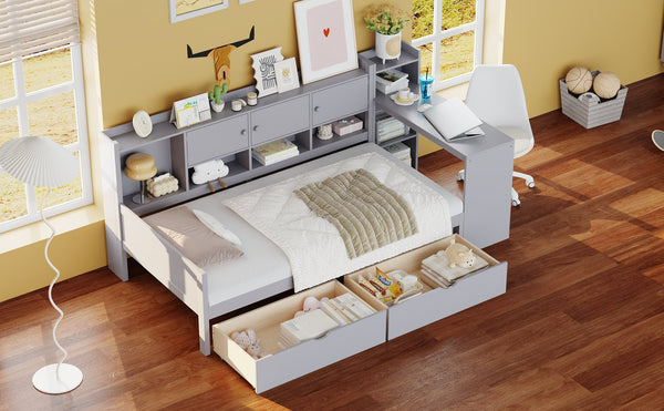 English Elm Twin L-Shape Daybed with Storage, 3 Cabinets & 2 Drawers, Built-In Desk Bookshelf, Gray Twin N733S247070E