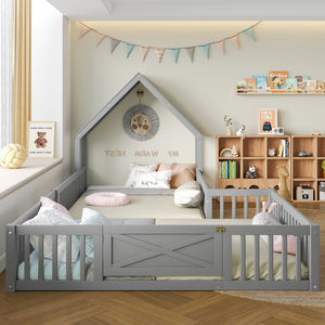 English Elm Full House Floor Bed with Door and Guardrails for Kids, Solid Wood Double Full, Safe Play Nook Grey W1580P354640