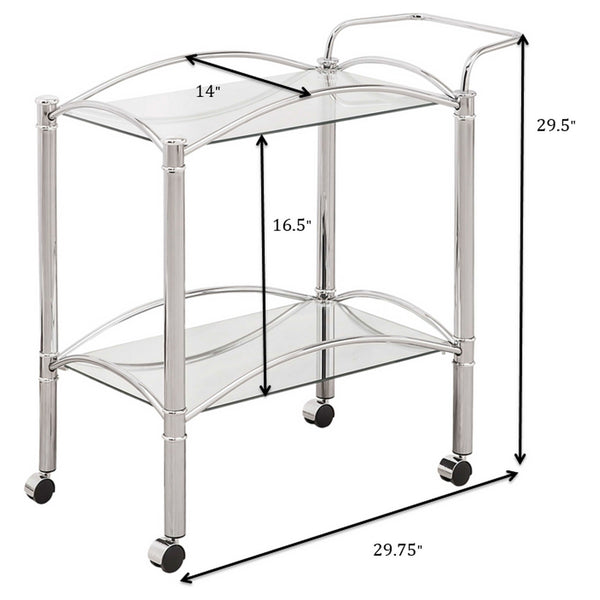English Elm Porch Chrome 2-Tier Rectangular Glass Shelf Metal Bar Cart with Casters, Sleek Reflective Modern Style B062P328697