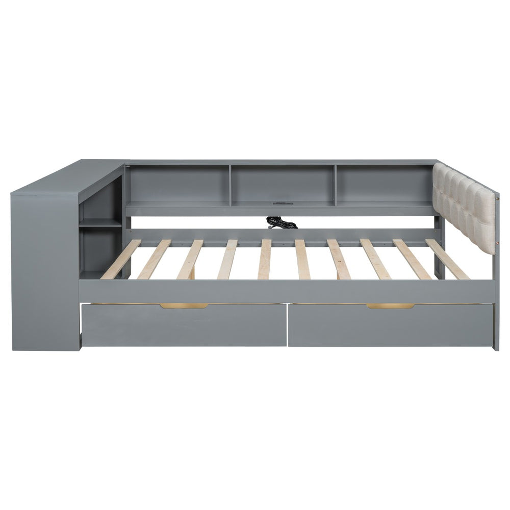 English Elm Wood Full Size Platform Bed With Stylish Storage Shelves, Charging Station, And Upholstered Headboard GX002108AAE-1-GIGA