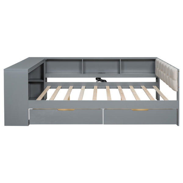 English Elm Wood Full Size Platform Bed With Stylish Storage Shelves, Charging Station, And Upholstered Headboard GX002108AAE-1-GIGA