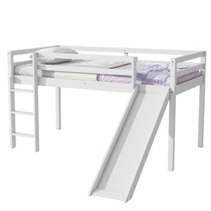 English Elm Twin Low Loft Bed with Slide and Ladder for Kids, Rubberwood Frame, Safety Guardrails & Playspace White W504P218525