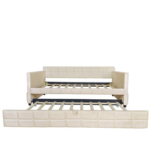 English Elm Modern Velvet Twin Daybed with Pull Out Trundle and Built in Armrest Storage Pockets Beige SF000200AAA