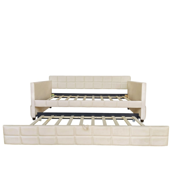 English Elm Modern Velvet Twin Daybed with Pull Out Trundle and Built in Armrest Storage Pockets Beige SF000200AAA