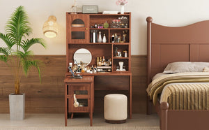 English Elm Computer Desk with Rotating Extension Panel Walnut Finish Glass Cabinets Home Office N733S363716D