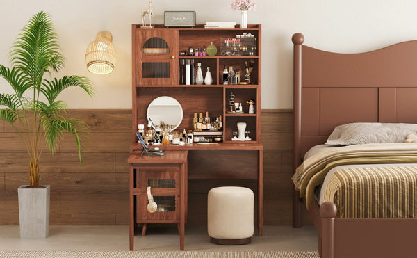 English Elm Computer Desk with Rotating Extension Panel Walnut Finish Glass Cabinets Home Office N733S363716D