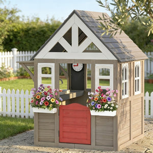 English Elm Imaginative Fir Wood Outdoor Kids Playhouse with Stove Set Flower Boxes and Pet Door T3971P491772