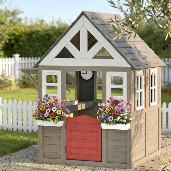 English Elm Imaginative Fir Wood Outdoor Kids Playhouse with Stove Set Flower Boxes and Pet Door T3971P491772
