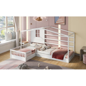English Elm Wood House Twin L-shaped Kids Bed Solid Pine Playhouse Frame with Slatted Support LP001345AAK