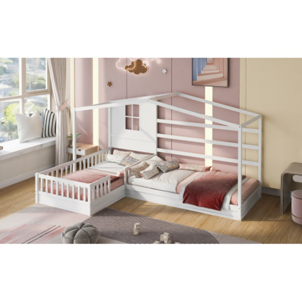 English Elm Wood House Twin L-shaped Kids Bed Solid Pine Playhouse Frame with Slatted Support LP001345AAK