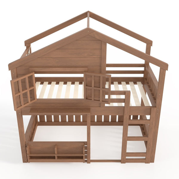 English Elm Full Bunk Bed with Trundle Bookshelf Storage Pine Frame Car Design for Kids W1580S00521