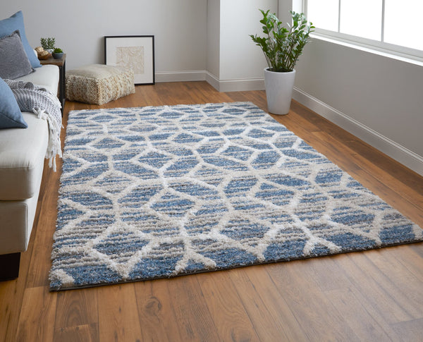 Feizy Rugs Mynka High Pile Geometric Area Rug - Pet-friendly, Stain Resistant, Ideal For High Traffic Spaces Blue,Ivory Polyester Myn39icfblu000p00