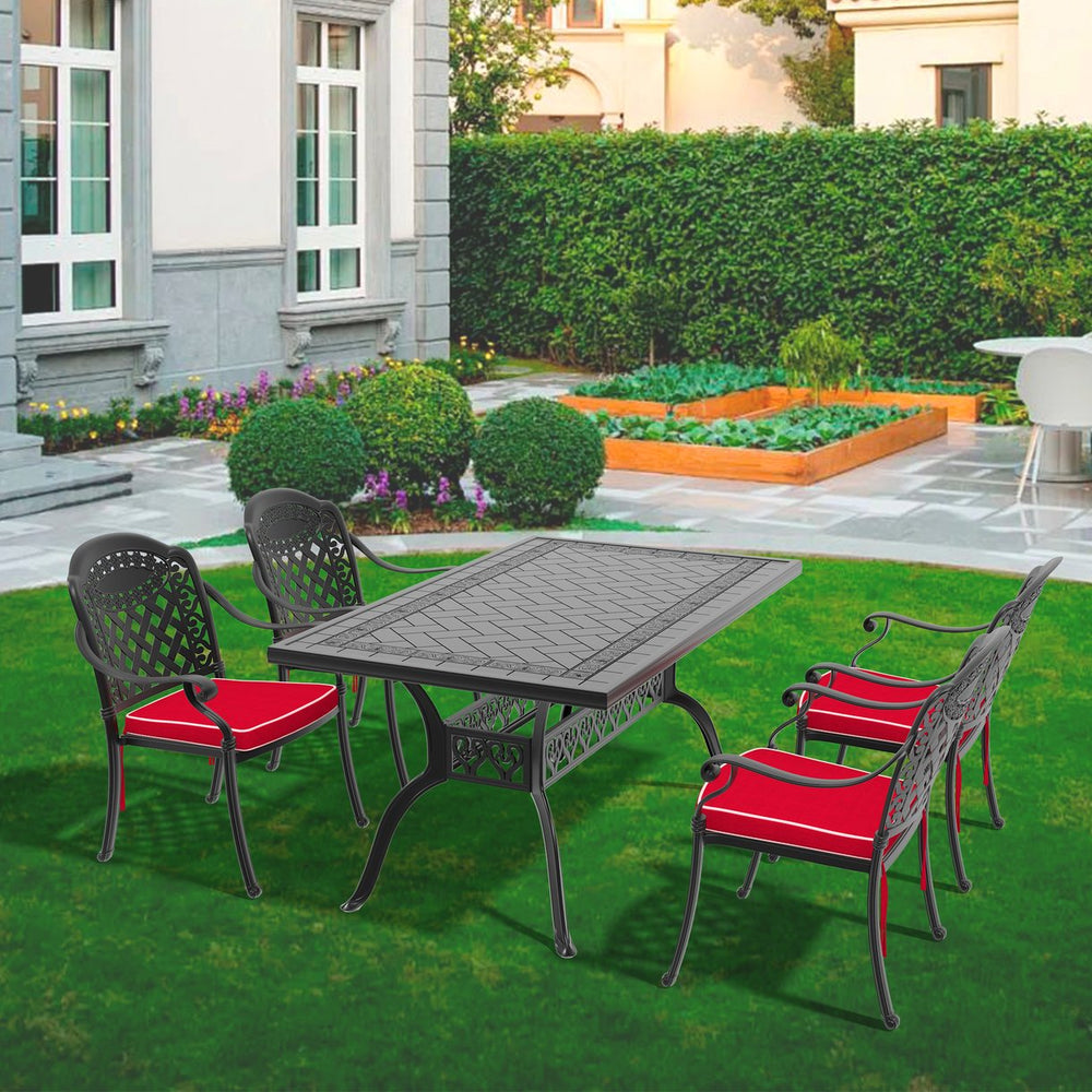 English Elm 5-Piece Elegant Cast Aluminum Patio Set With Red Cushions – Durable, Comfortable, And Stylish Outdoor Dining W1710S00081