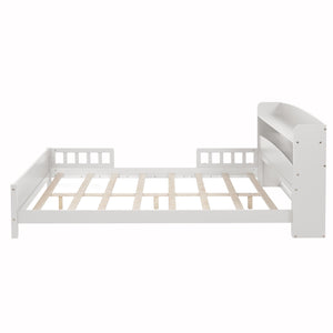 English Elm Full Pine Wood Bed with Bookcase Headboard and LED Motion Sensor Light, Guardrails & Storage Space White W504P277600