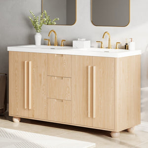 English Elm [video] 59 Inch Double Sink Vanity with Wood Grain Mdf Soft Close Doors and Resin Basins N759S425430N