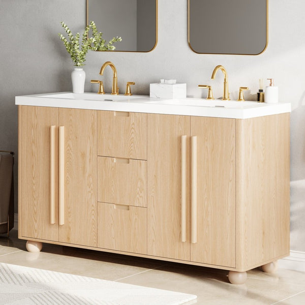 English Elm [video] 59 Inch Double Sink Vanity with Wood Grain Mdf Soft Close Doors and Resin Basins N759S425430N