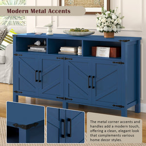 English Elm U_style 59 Inch Sideboard Buffet with Built in Power Outlets Open Cubbies Metal Accents Navy Blue N711P347407V