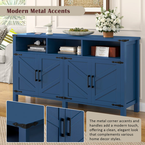 English Elm U_style 59 Inch Sideboard Buffet with Built in Power Outlets Open Cubbies Metal Accents Navy Blue N711P347407V