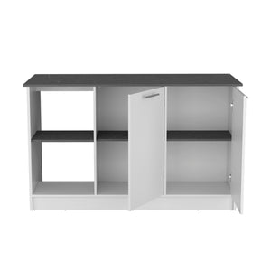 English Elm Kitchen Island With Ample Counter Space, Open Shelves & Double-Door Storage, Stylish White/Onyx B097S00157