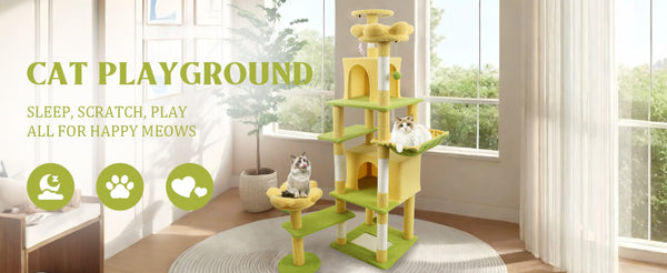 English Elm 71 Inch Floral Cat Tower with Condo Hammock Sisal Posts and Plush Perches for Large Breeds Yellow W243P326629