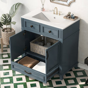English Elm 30'' Bathroom Vanity with Sink - Retro Solid Wood Frame, Ceramic Basin, Soft-Close Doors & Ample Storage Blue N710P190656C
