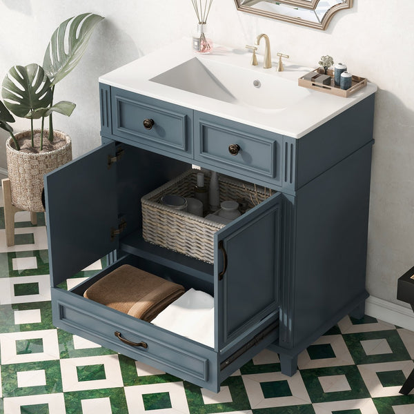 English Elm 30'' Bathroom Vanity with Sink - Retro Solid Wood Frame, Ceramic Basin, Soft-Close Doors & Ample Storage Blue N710P190656C