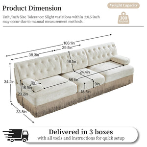 English Elm 3-seater Velvet Sofa with Button Tufting Tassel Fringe Skirt Modular Living Room Design Beige W714S01684