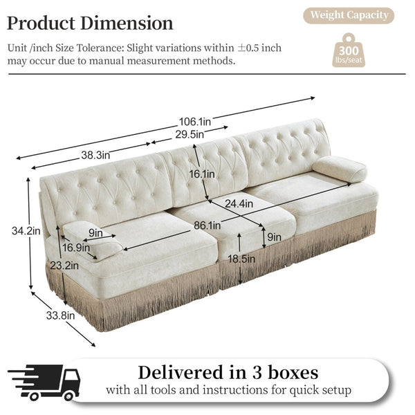 English Elm 3-seater Velvet Sofa with Button Tufting Tassel Fringe Skirt Modular Living Room Design Beige W714S01684