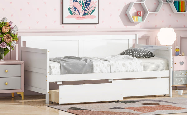 English Elm Twin Pine Wood Daybed with Two Hidden Storage Drawers, Space-Saving Twin Sofa Bed with Clean Silhouette White W504P149045