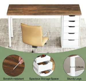 English Elm Classic Five Drawer Writing Desk with Round Metal Legs and White Engineered Wood Top T3971P453625