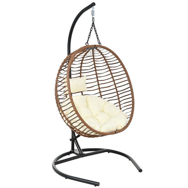 English Elm U_style Wicker Hanging Egg Chair with Stand Foldable Indoor Outdoor Swing Seat Brown+Beige N711P389503K