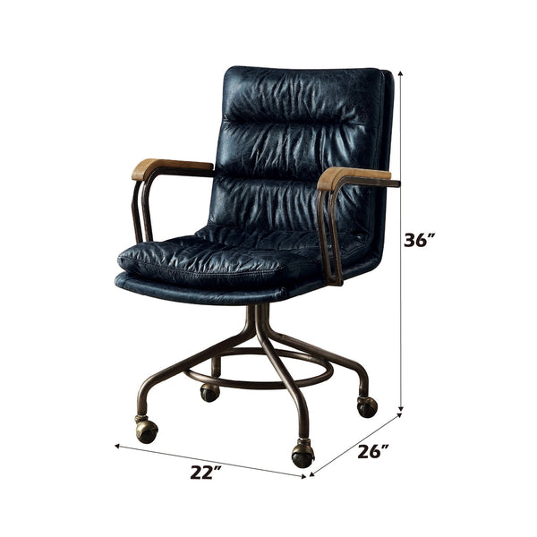English Elm Harith Vintage Blue Top Grain Leather Executive Office Chair with Swivel, Padded Seat & Wooden Arms B2726P269405