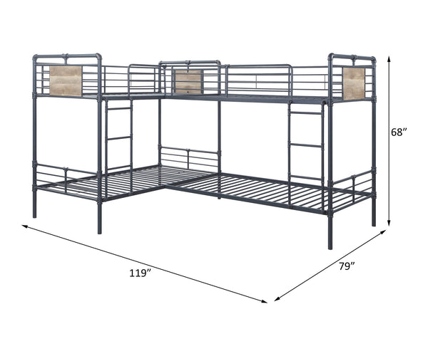 English Elm Cordelia Sandy Black Metal Quadruple Twin L-Shape Bunk Bed, 80 Slats, 660lb Capacity, Guard Rails B2726S00512