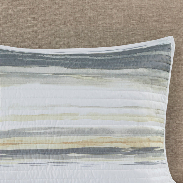 English Elm 6 Madison Park Marina Reversible Quilt Set Full/Queen with Coastal Watercolor Stripes & Embroidered Seashells Yellow 22.44 L x 17.72 W x 5.91 H B03597635