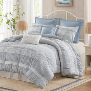 English Elm 7-piece King Jacquard Comforter Set Lace Detail Chambray Cottage Bedroom Ensemble Blue B035P482887