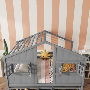 English Elm Full Size House Loft Bed With Roof & Windows, 4 Storage Drawers, Safe Pine Frame In Grey Finish W504S00241