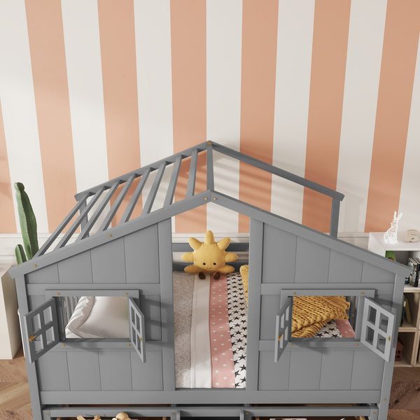 English Elm Full Size House Loft Bed With Roof & Windows, 4 Storage Drawers, Safe Pine Frame In Grey Finish W504S00241