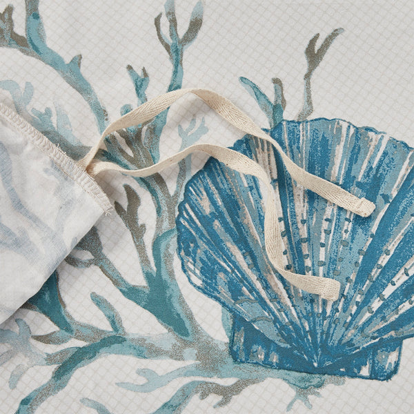 JLA Home Madison Park - 6 Piece Cotton Sateen Duvet Cover Set with Coastal Shell & Starfish Print, Embroidered Pillows, OEKO-TEX Certified Aqua MP12-8075